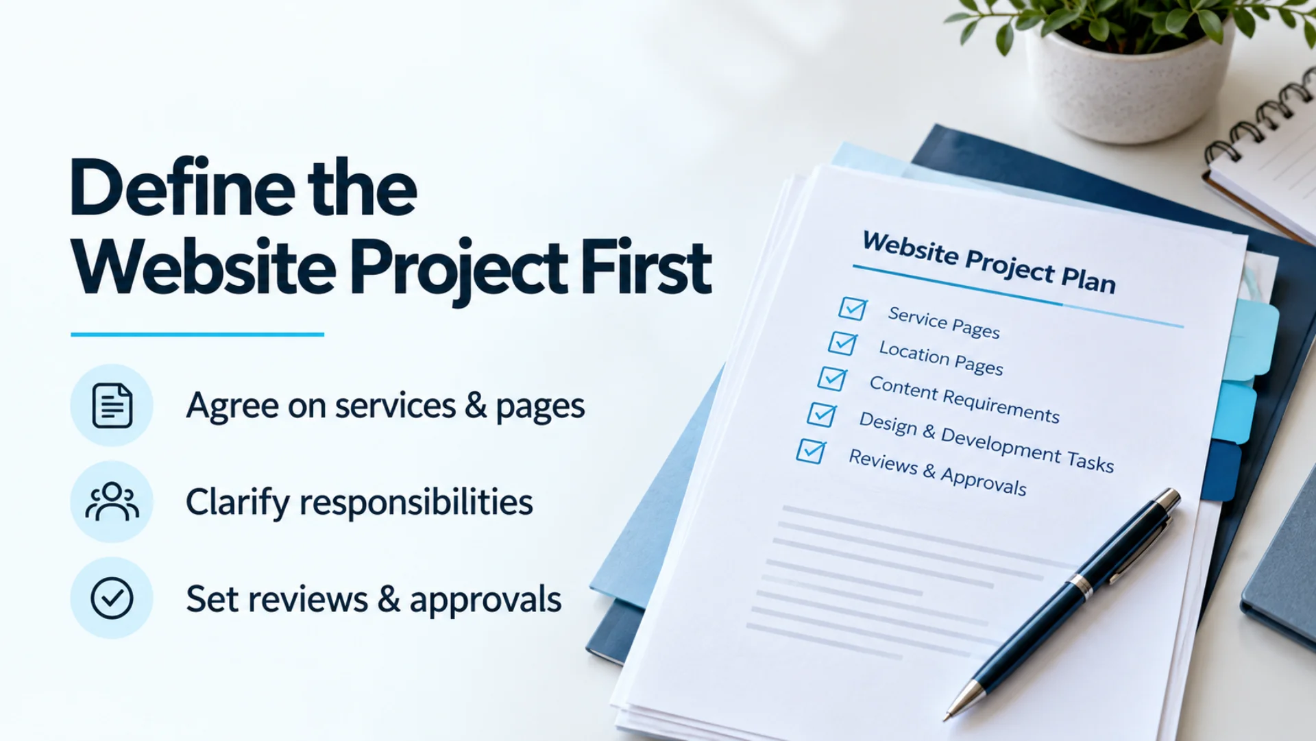 Website project planning graphic showing service pages, responsibilities, content requirements and approval steps.
